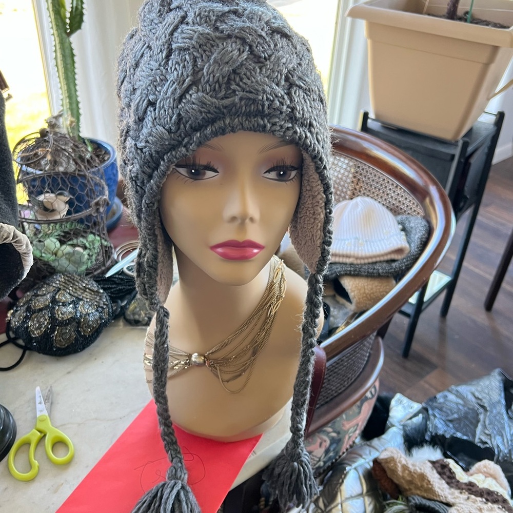 Gray Knit Winter Hat with Ear Flaps
